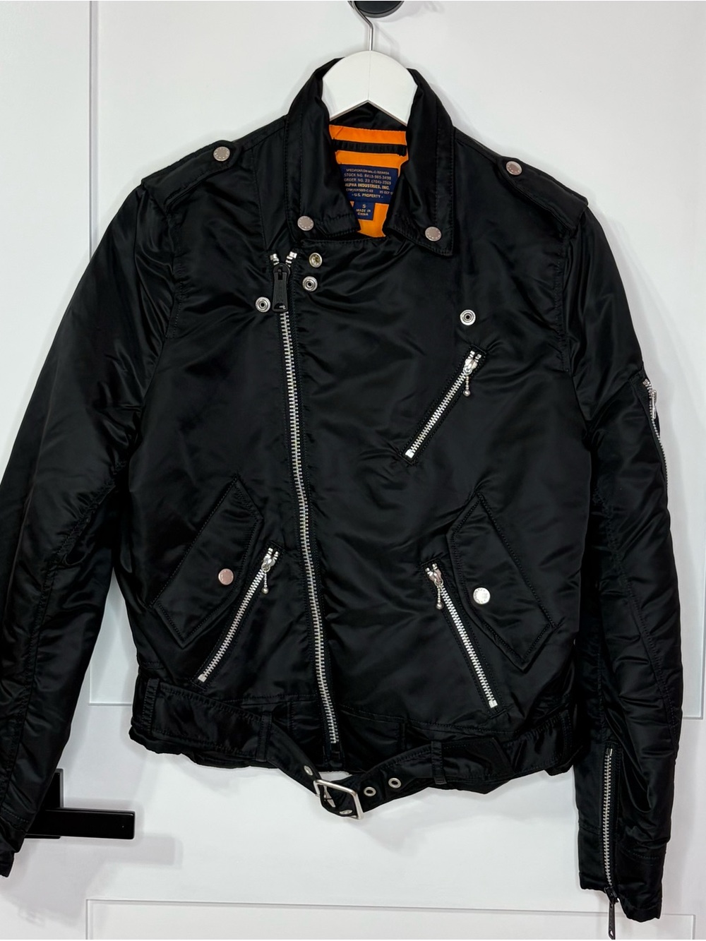 Alpha Industries Black Nylon Belted Moto Jacket Women's Small Orange Lining Zip